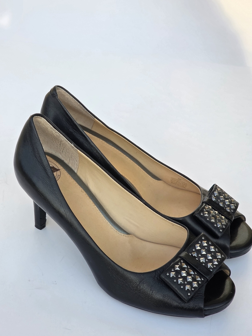 Nurture Black Leather Peep-Toe Pumps with Studded Bow Size 9
